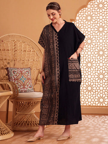 Women's Geometric Pattern V-neck Batwing Sleeve Dress