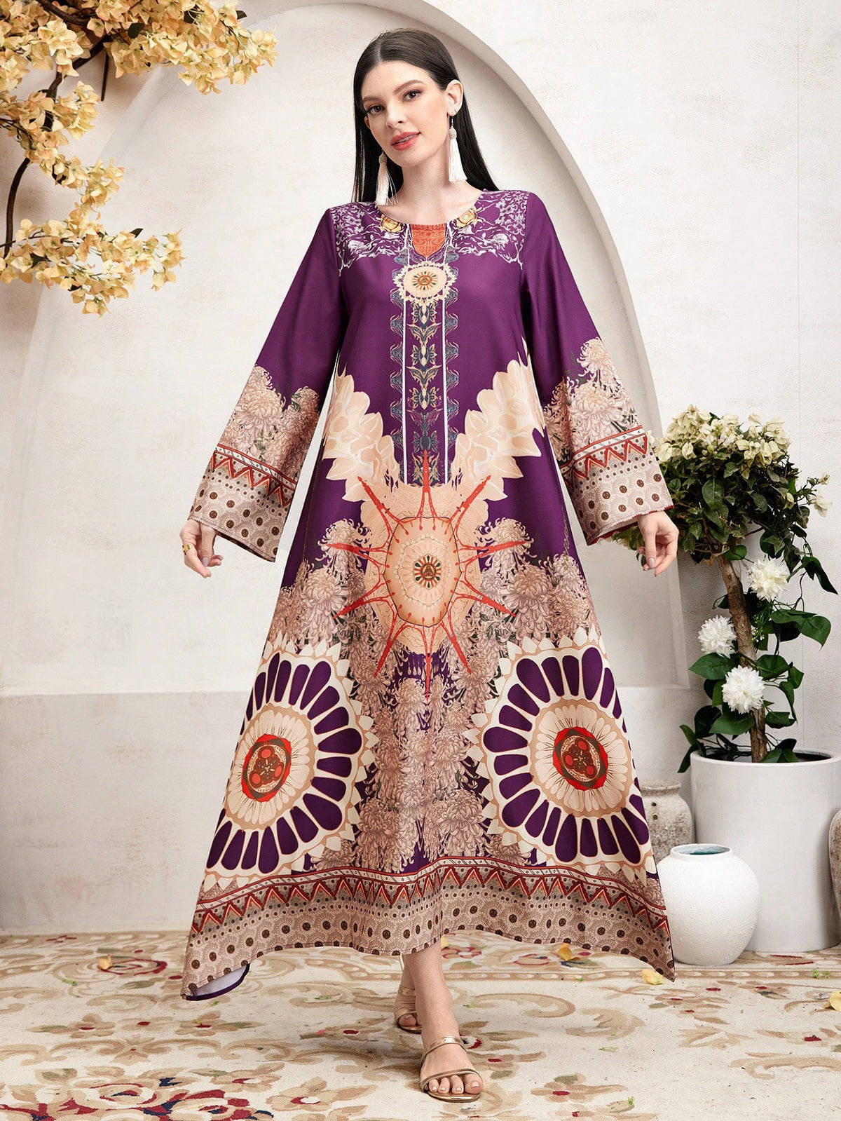 Women's Geometric Printed Flare Sleeve Dress