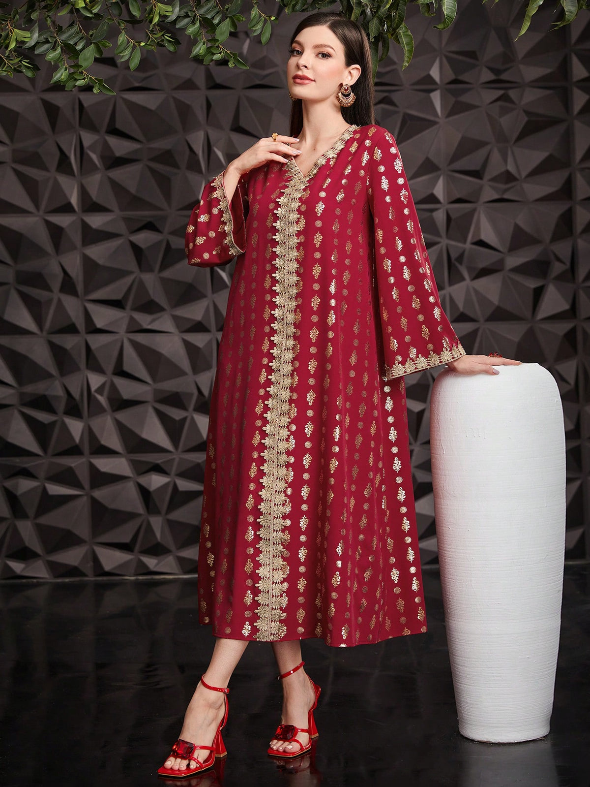Women's Long Sleeve Dress With Splicing Woven Ribbon And Hot Stamping Flower Design