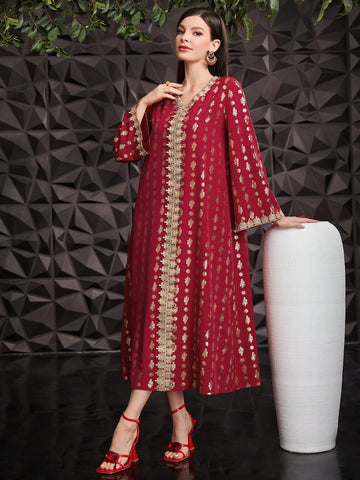 Women's Long Sleeve Dress With Splicing Woven Ribbon And Hot Stamping Flower Design