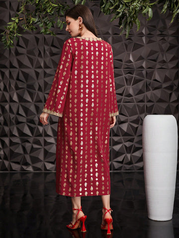 Women's Long Sleeve Dress With Splicing Woven Ribbon And Hot Stamping Flower Design