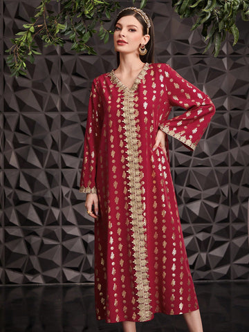 Women's Long Sleeve Dress With Splicing Woven Ribbon And Hot Stamping Flower Design