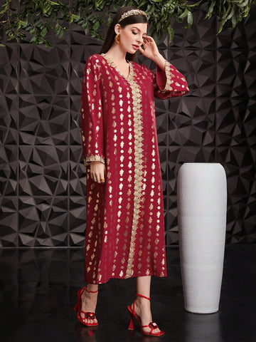 Women's Long Sleeve Dress With Splicing Woven Ribbon And Hot Stamping Flower Design