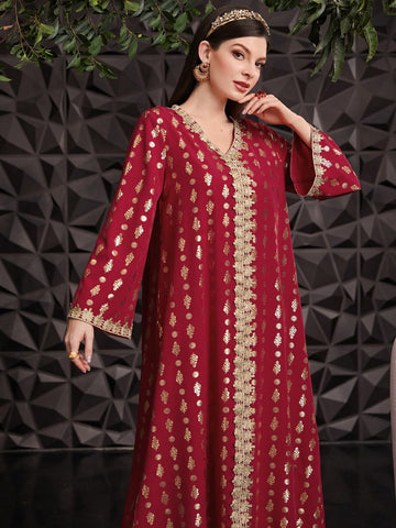 Women's Long Sleeve Dress With Splicing Woven Ribbon And Hot Stamping Flower Design