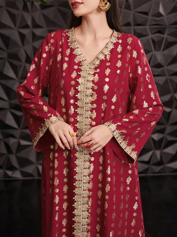 Women's Long Sleeve Dress With Splicing Woven Ribbon And Hot Stamping Flower Design