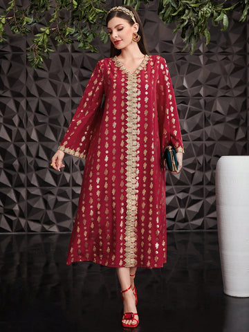 Women's Long Sleeve Dress With Splicing Woven Ribbon And Hot Stamping Flower Design