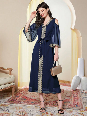Women's Off Shoulder Mesh Dress With Floral Applique, Elegant And Graceful