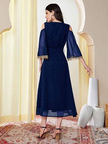Women's Off Shoulder Mesh Dress With Floral Applique, Elegant And Graceful