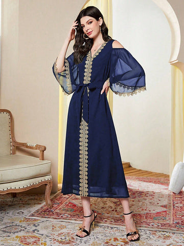 Women's Off Shoulder Mesh Dress With Floral Applique, Elegant And Graceful