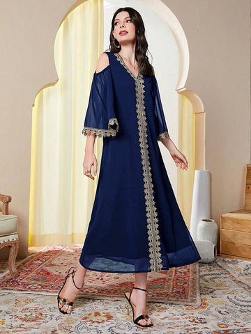 Women's Off Shoulder Mesh Dress With Floral Applique, Elegant And Graceful