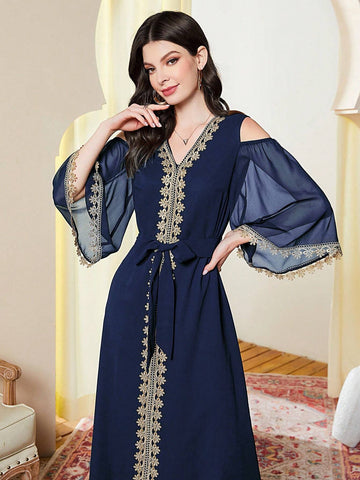Women's Off Shoulder Mesh Dress With Floral Applique, Elegant And Graceful