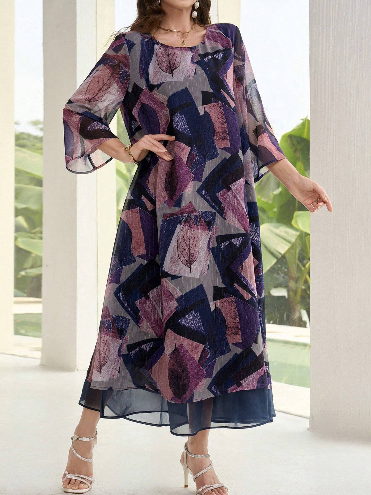 Women's Round Neck Printed Casual Long Sleeve Holiday Dress
