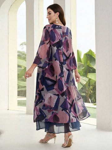 Women's Round Neck Printed Casual Long Sleeve Holiday Dress