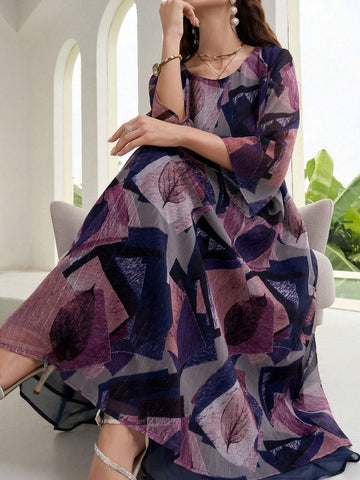 Women's Round Neck Printed Casual Long Sleeve Holiday Dress