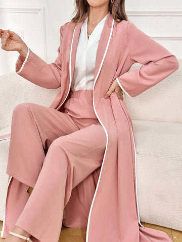 Women's Spring Casual Color-Block Shawl Collar Long Sleeve Jacket And Long PantsTwo-Piece Suit