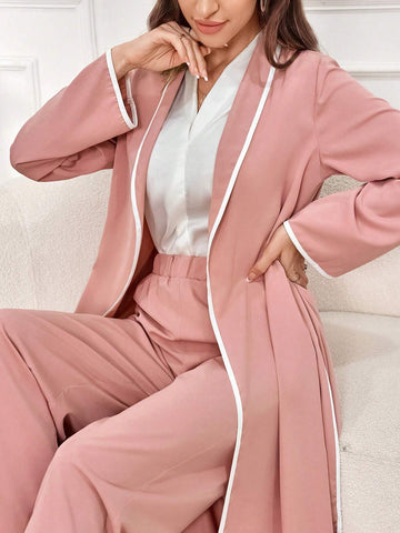 Women's Spring Casual Color-Block Shawl Collar Long Sleeve Jacket And Long PantsTwo-Piece Suit