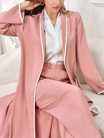 Women's Spring Casual Color-Block Shawl Collar Long Sleeve Jacket And Long PantsTwo-Piece Suit