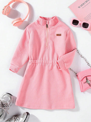 New Autumn Winter Young Girl Girls Quilted Jacquard Casual Long Sleeve Zipper High Collar Waisted Dress, Comfortable Warm Outdoor
