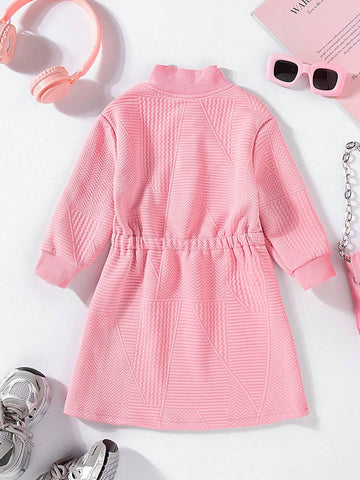 New Autumn Winter Young Girl Girls Quilted Jacquard Casual Long Sleeve Zipper High Collar Waisted Dress, Comfortable Warm Outdoor