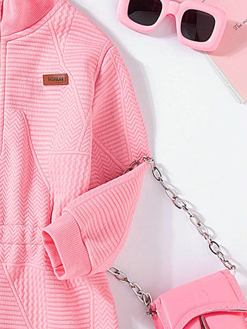 New Autumn Winter Young Girl Girls Quilted Jacquard Casual Long Sleeve Zipper High Collar Waisted Dress, Comfortable Warm Outdoor