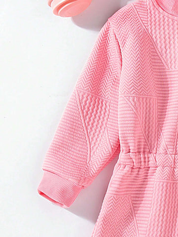 New Autumn Winter Young Girl Girls Quilted Jacquard Casual Long Sleeve Zipper High Collar Waisted Dress, Comfortable Warm Outdoor