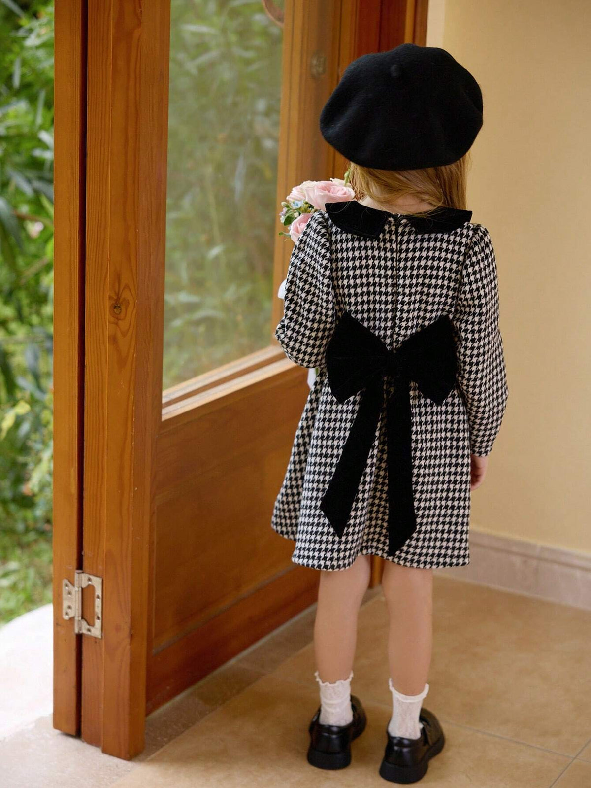 New Year's Girls Dress, Girls Elegant Checkered Woolen Dress With Bow Decor On Back, Peter Pan Collar, Suitable For Christmas Party And Commute