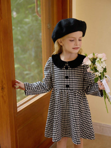 New Year's Girls Dress, Girls Elegant Checkered Woolen Dress With Bow Decor On Back, Peter Pan Collar, Suitable For Christmas Party And Commute