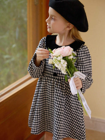 New Year's Girls Dress, Girls Elegant Checkered Woolen Dress With Bow Decor On Back, Peter Pan Collar, Suitable For Christmas Party And Commute