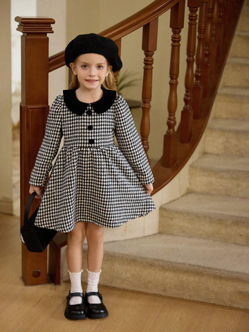New Year's Girls Dress, Girls Elegant Checkered Woolen Dress With Bow Decor On Back, Peter Pan Collar, Suitable For Christmas Party And Commute