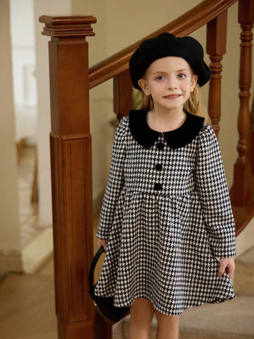 New Year's Girls Dress, Girls Elegant Checkered Woolen Dress With Bow Decor On Back, Peter Pan Collar, Suitable For Christmas Party And Commute