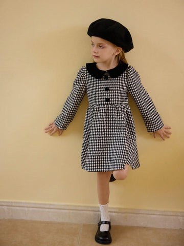 New Year's Girls Dress, Girls Elegant Checkered Woolen Dress With Bow Decor On Back, Peter Pan Collar, Suitable For Christmas Party And Commute