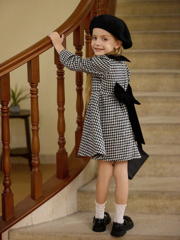 New Year's Girls Dress, Girls Elegant Checkered Woolen Dress With Bow Decor On Back, Peter Pan Collar, Suitable For Christmas Party And Commute