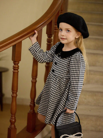 New Year's Girls Dress, Girls Elegant Checkered Woolen Dress With Bow Decor On Back, Peter Pan Collar, Suitable For Christmas Party And Commute