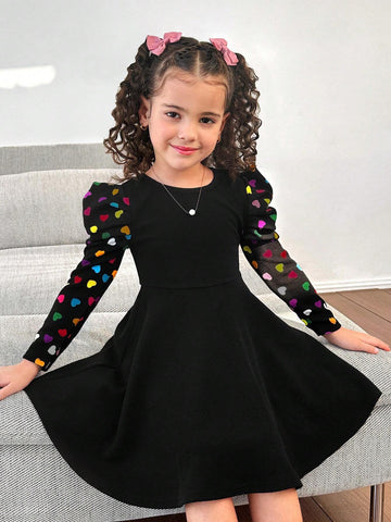 Nova Glow Young Girl Colorful Dot Splice Round Neck Long Sleeve Knit Dress