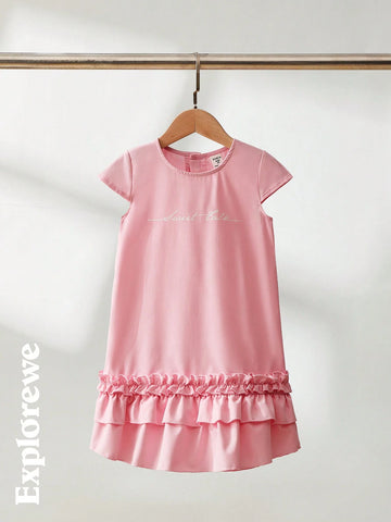 One-Piece Dress For Little Girls, Urban Casual Style, Round Neck, Short Sleeves, Featuring Text Pattern Design