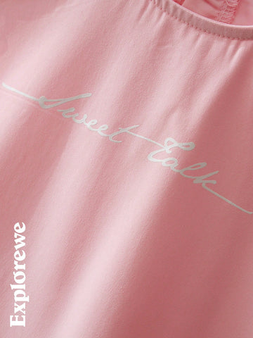 One-Piece Dress For Little Girls, Urban Casual Style, Round Neck, Short Sleeves, Featuring Text Pattern Design