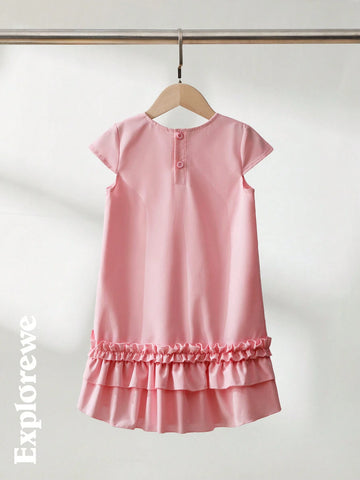 One-Piece Dress For Little Girls, Urban Casual Style, Round Neck, Short Sleeves, Featuring Text Pattern Design