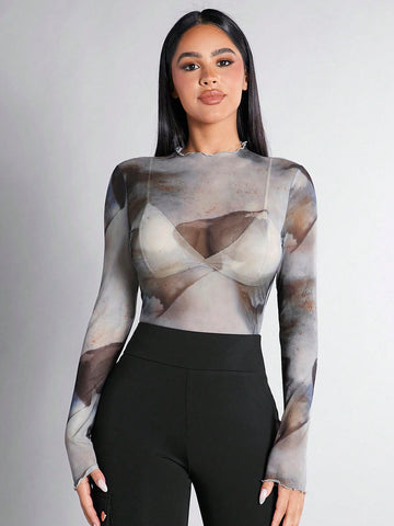 1pc Women'S Meshed Bodysuit With Ruffled Edges