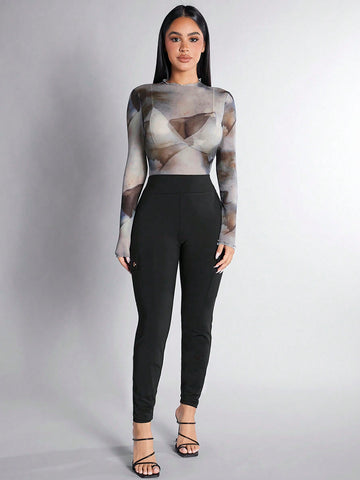 1pc Women'S Meshed Bodysuit With Ruffled Edges