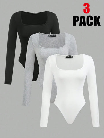 3pcs Women's Square Neck Long Sleeve Fitted Elegant Solid Color Jumpsuits Set