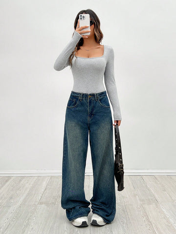 3pcs Women's Square Neck Long Sleeve Fitted Elegant Solid Color Jumpsuits Set