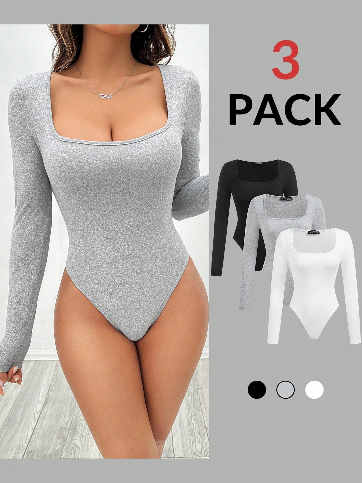 3pcs Women's Square Neck Long Sleeve Fitted Elegant Solid Color Jumpsuits Set