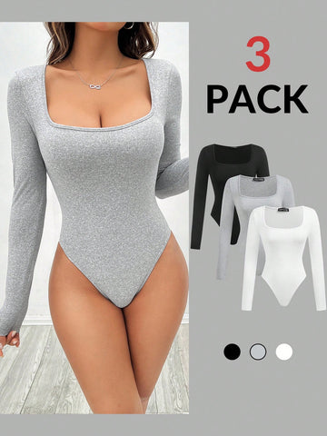 3pcs Women's Square Neck Long Sleeve Fitted Elegant Solid Color Jumpsuits Set