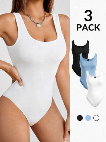 3pcs Women's Tight-Fitting Casual Bodysuit With Vest, Suitable For Summer