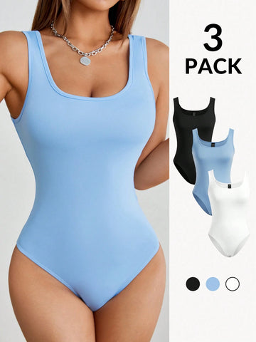 3pcs Women's Tight-Fitting Casual Bodysuit With Vest, Suitable For Summer