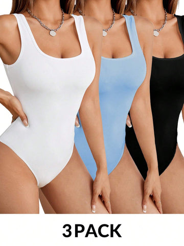 3pcs Women's Tight-Fitting Casual Bodysuit With Vest, Suitable For Summer