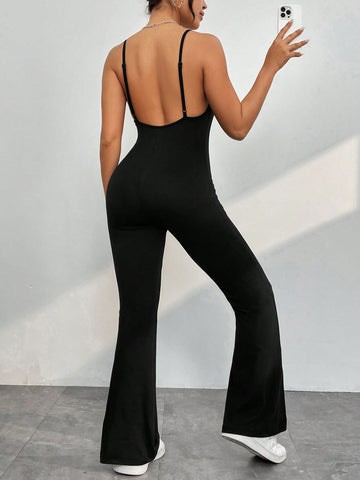 Backless Spaghetti Strap Flared Jumpsuit