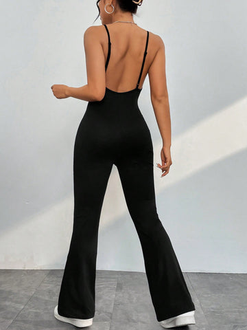Backless Spaghetti Strap Flared Jumpsuit