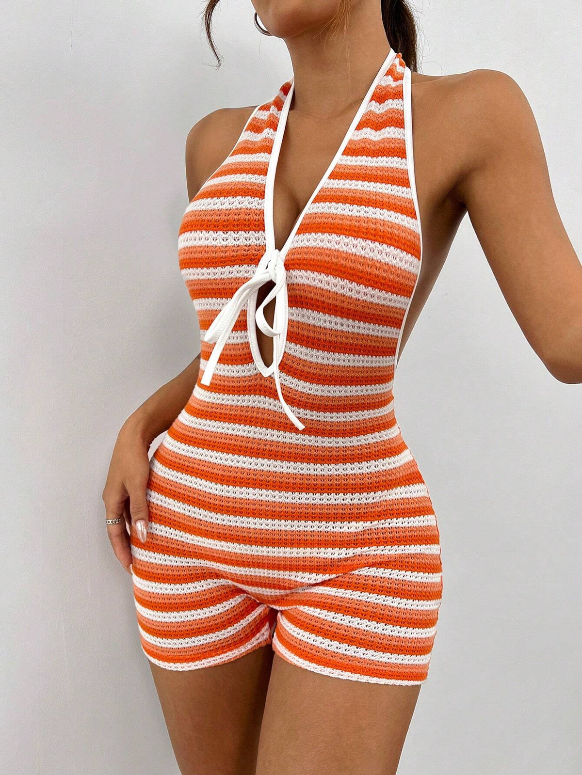 Backless Striped Halter Neck Hollow Out Bandage Bodysuit For Beach Vacation