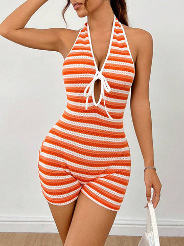 Backless Striped Halter Neck Hollow Out Bandage Bodysuit For Beach Vacation